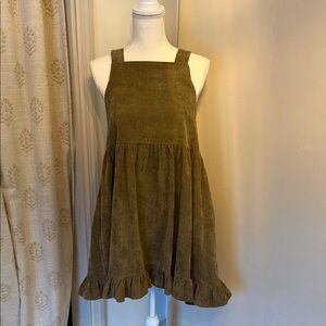 Corduroy Square-Neck Ruffle Hem Mini Dress in Olive with Pockets